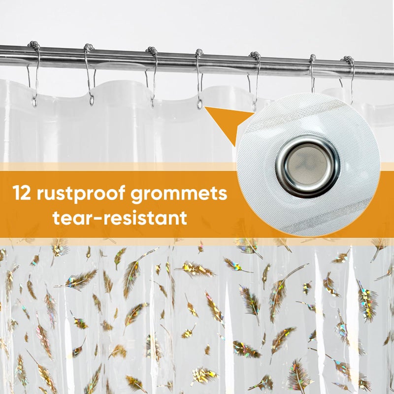 TRIMENGO Holographic Shower Curtain Liner, Dual-Sided Iridescent Gold & Multicolor, Glitter Feather Pattern, PEVA Bathroom Clear Plastic Shower Curtain with Rustproof Grommets &Magnets, Waterproof 70x72 Inches - Image 4