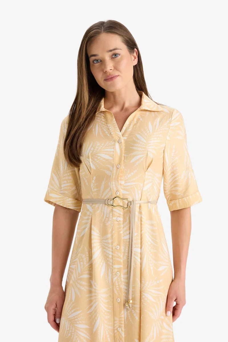 ديفاكتو Shirt Collar Patterned Lace-Up Short Sleeve Midi Dress