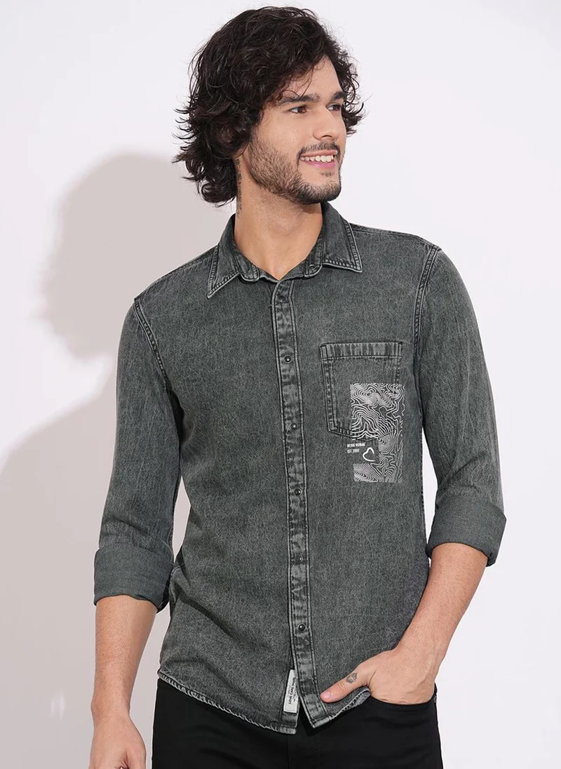 بيينغ هيومان Men Slim Fit Solid Spread Collar Pure Cotton Casual Shirt