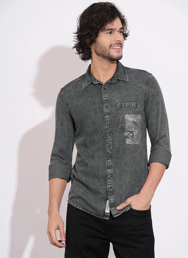 بيينغ هيومان Men Slim Fit Solid Spread Collar Pure Cotton Casual Shirt