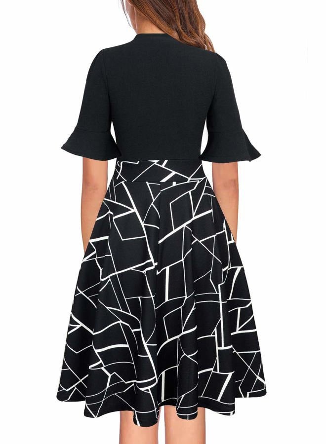 RANPHEE Women Summer Floral Ruffle Sleeve Wear to Work Church Wedding Guest Party Dresses, 1 Black Pattern, M - Image 2