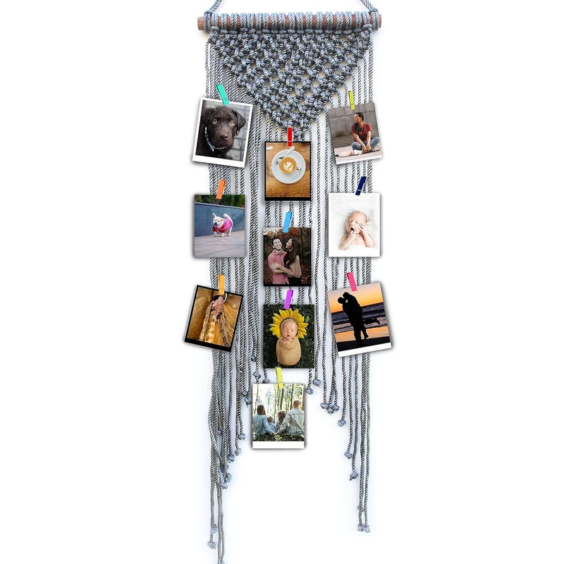Decorcreed Grey Colour Macrame Photo Organaizer Wall Dcor Home Dcor Wall Hanging With Wooden Clips - Image 3