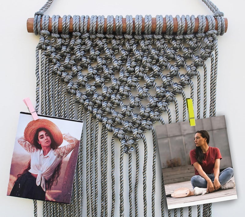 Decorcreed Grey Colour Macrame Photo Organaizer Wall Dcor Home Dcor Wall Hanging With Wooden Clips - Image 2