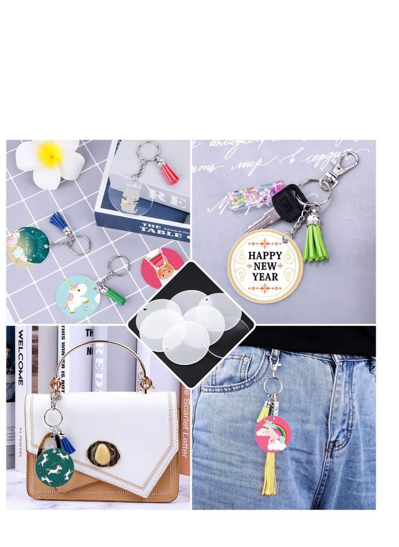 Tassel Keychain and Acrylic Circle, Acrylic Blanks and Tassel Keychain Pendant Acrylic Transparent Circle Discs and Tassel Keyring Set for Diy Projects and Crafts 90pcs