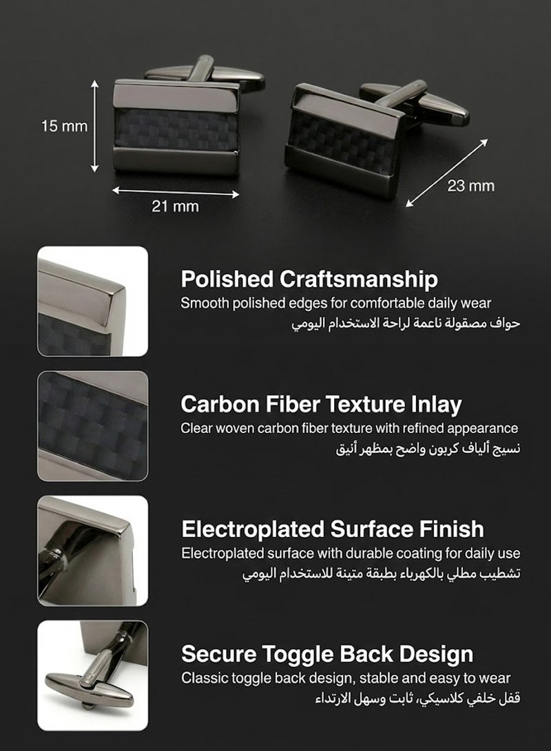 فوريكاسا أزرار أكمام رجالية من النحاس بتصميم مستطيل عصري – لمسة كربون باللون الأسود - Image 2