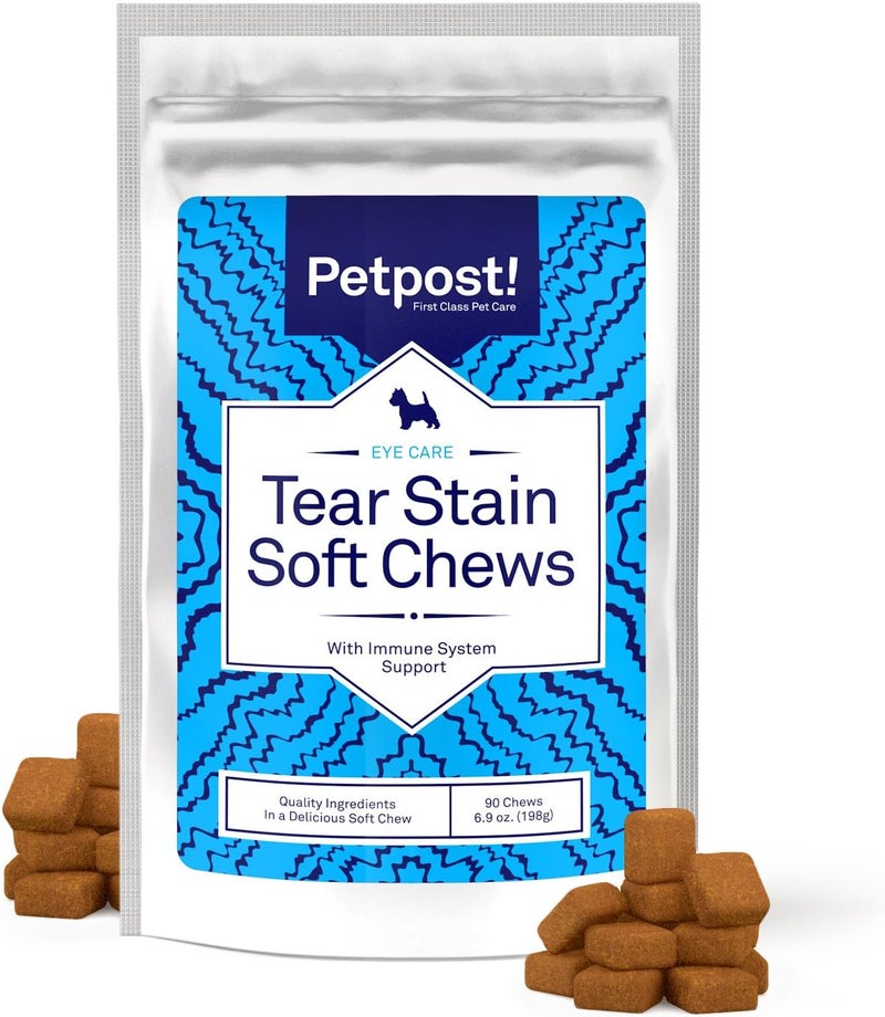 Petpost Tear Stain Remover Soft Chews for Dogs | 90 Count Cheese Flavor Dog Tear Stain Support Supplement | Gentle Eye Care for White Dogs & Light Breeds | Tylosin Free, Made in USA - Image 1