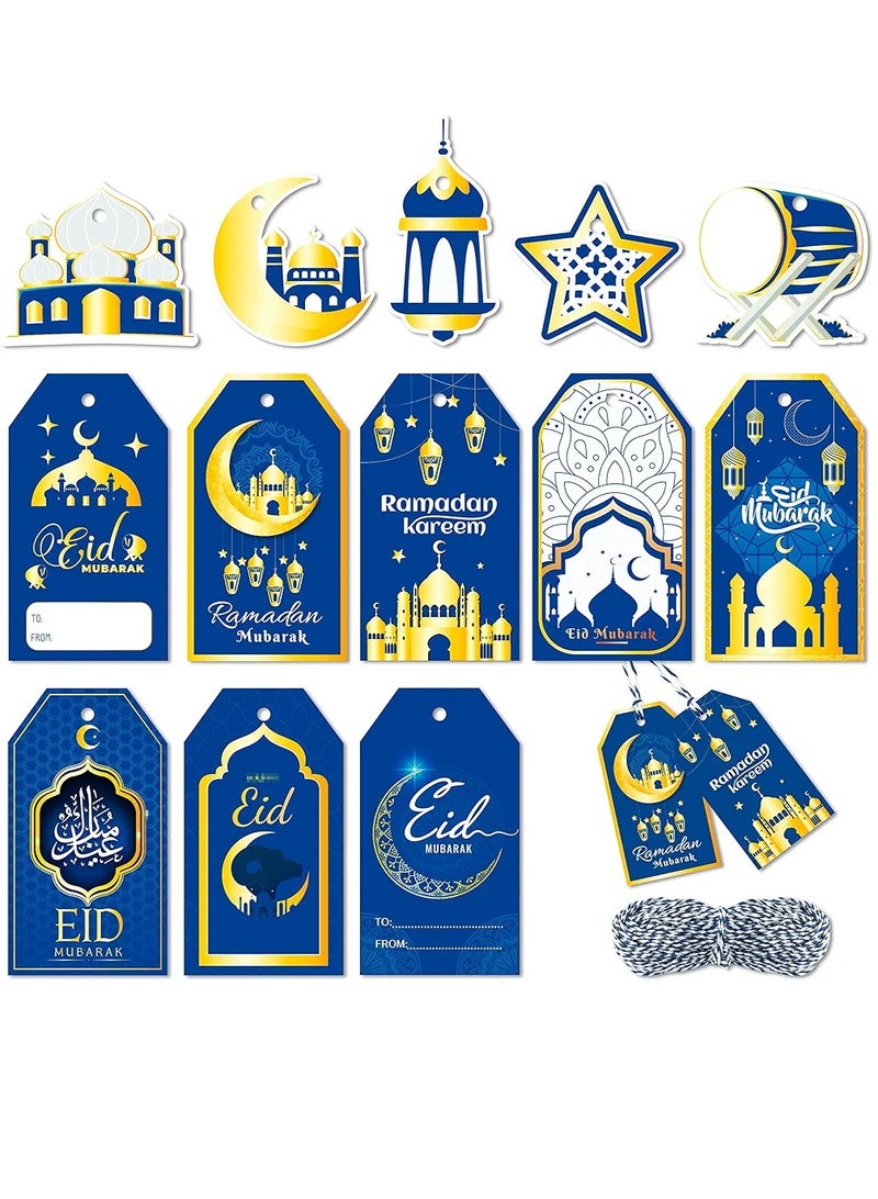 137pcs Ramadan Gift Tags, Eid Mubarak Hanging Tag Paper Labels with String, Al-Fitr Blue Gold Ornaments Envelope Present Wrap Hang Decor, Ramadan Party Decoration Supplies for Tree Fireplace - Image 1