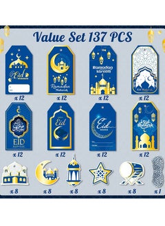 Generic 137pcs Ramadan Gift Tags, Eid Mubarak Hanging Tag Paper Labels with String, Al-Fitr Blue Gold Ornaments Envelope Present Wrap Hang Decor, Ramadan Party Decoration Supplies for Tree Fireplace  - Image 2