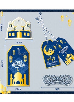 Generic 137pcs Ramadan Gift Tags, Eid Mubarak Hanging Tag Paper Labels with String, Al-Fitr Blue Gold Ornaments Envelope Present Wrap Hang Decor, Ramadan Party Decoration Supplies for Tree Fireplace  - Image 4