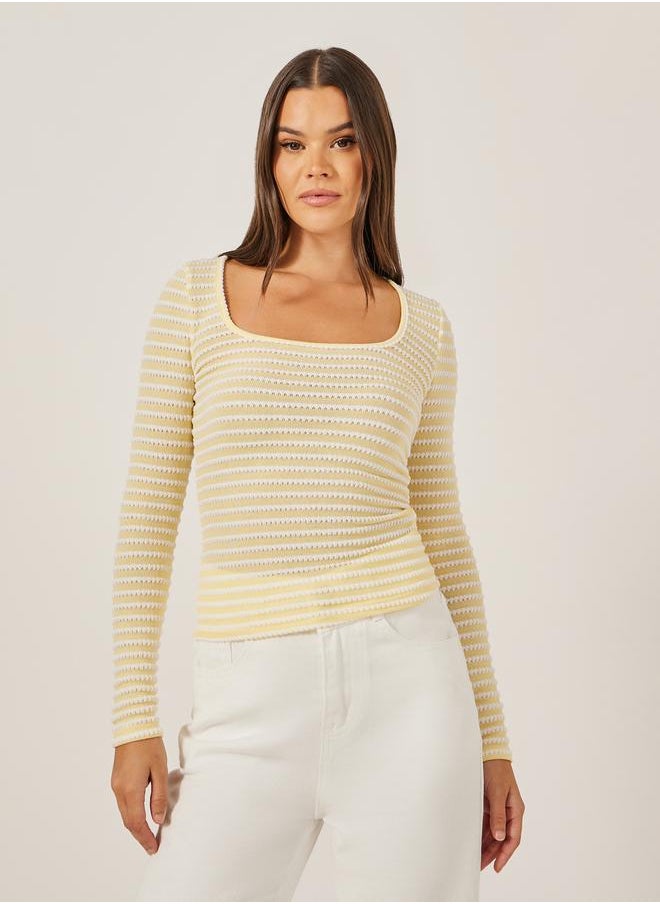 Styli Textured Square Neck Fitted Long Sleeve T-Shirt  - Image 2
