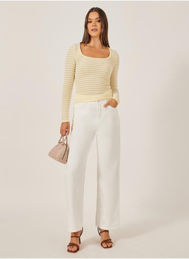 Styli Textured Square Neck Fitted Long Sleeve T-Shirt  - Image 3