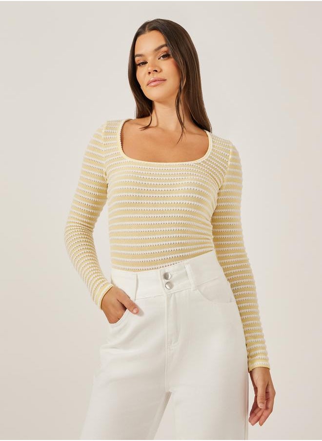 Styli Textured Square Neck Fitted Long Sleeve T-Shirt  - Image 1