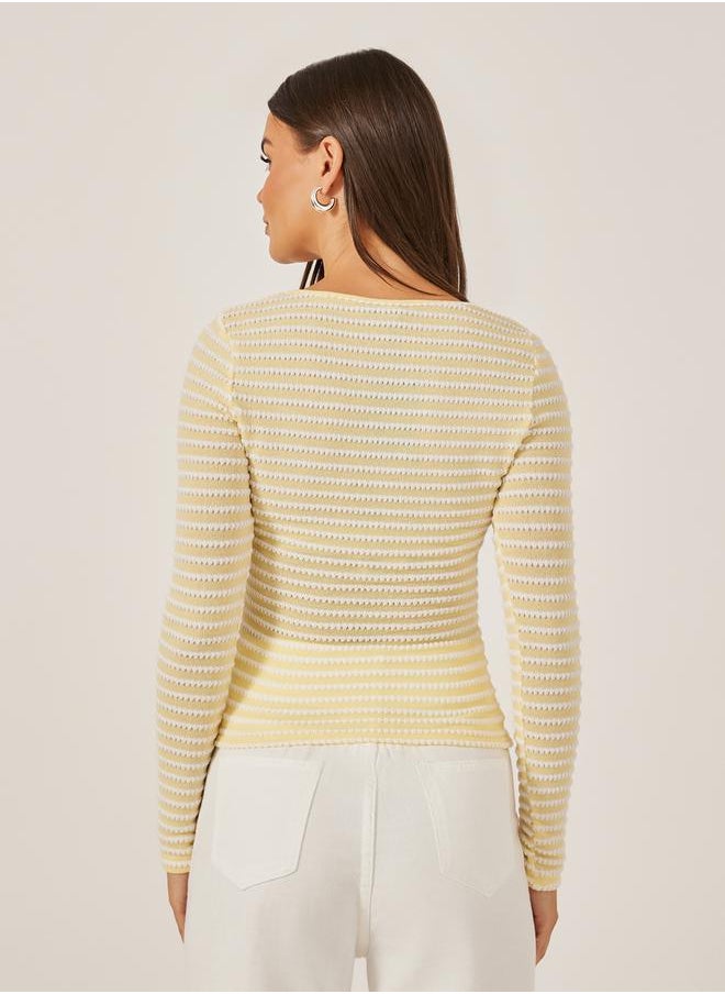 Styli Textured Square Neck Fitted Long Sleeve T-Shirt  - Image 5