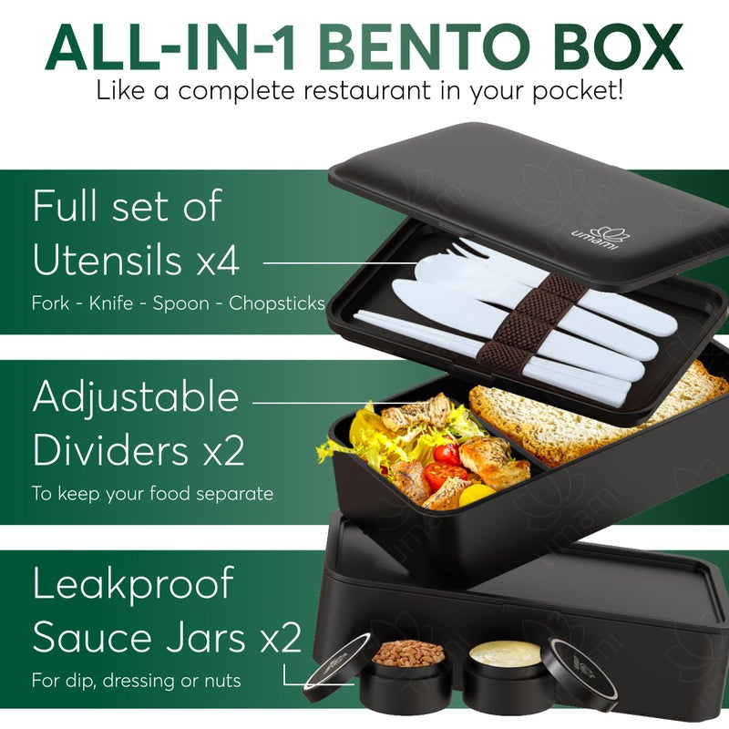 Umami Bento Box Adult, Stackable & Easy to Clean & 100% Leakproof Lunch Containers for Adults, Black Lunch Box Containers with Compartments for Everyday Use - Image 4