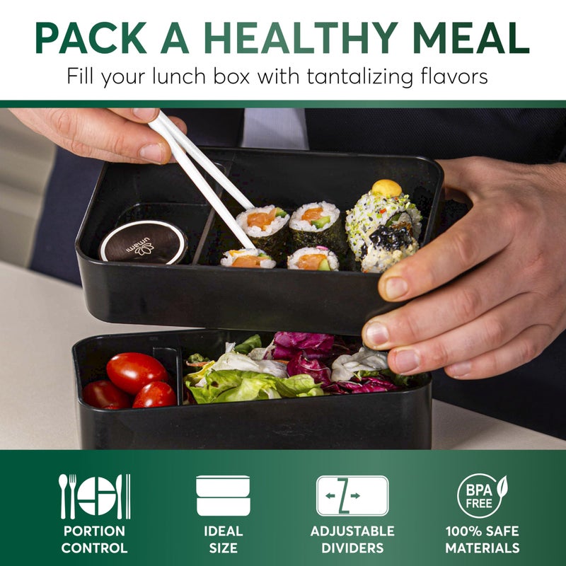 Umami Bento Box Adult, Stackable & Easy to Clean & 100% Leakproof Lunch Containers for Adults, Black Lunch Box Containers with Compartments for Everyday Use - Image 2