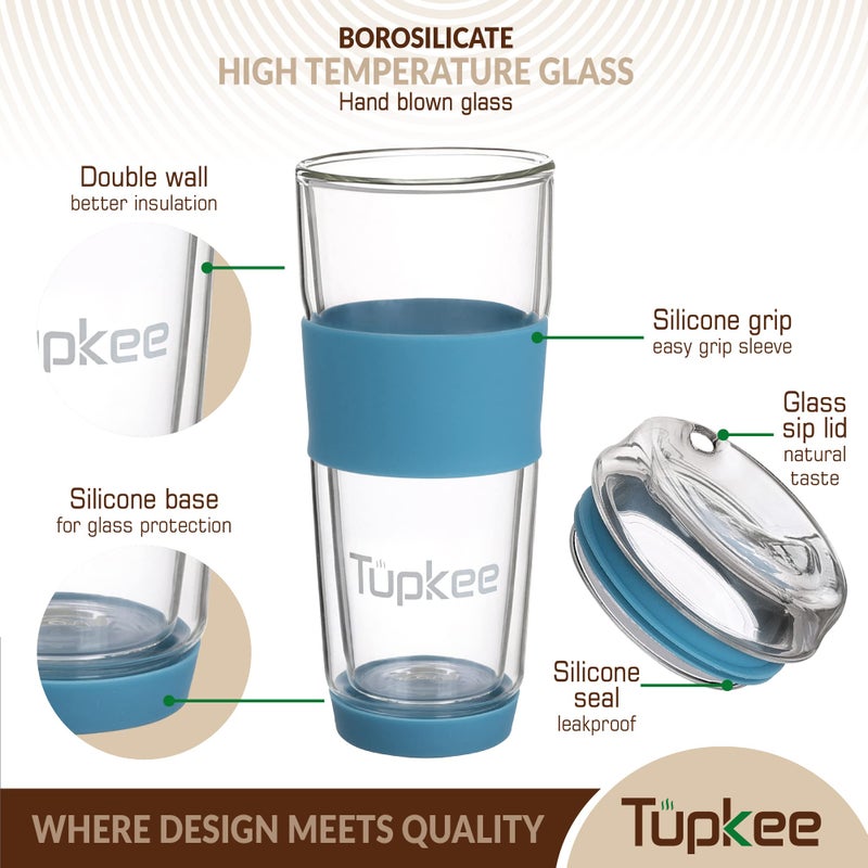 Tupkee Double Wall Glass Tumbler - 14-Ounce  All Glass Reusable Insulated Tea/Coffee Mug & Lid  Hand Blown Glass Travel Mug - Niagara - Image 2
