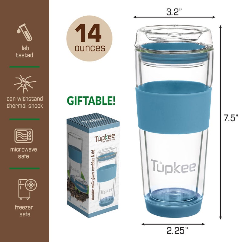 Tupkee Double Wall Glass Tumbler - 14-Ounce  All Glass Reusable Insulated Tea/Coffee Mug & Lid  Hand Blown Glass Travel Mug - Niagara - Image 5