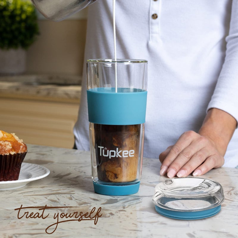 Tupkee Double Wall Glass Tumbler - 14-Ounce  All Glass Reusable Insulated Tea/Coffee Mug & Lid  Hand Blown Glass Travel Mug - Niagara - Image 3