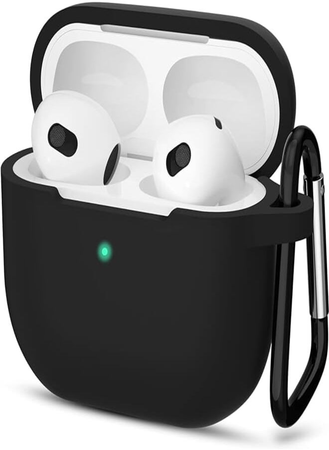 Sounce - Sounce Earphone Case Cover Compatible with Airpods 3 Soft Silicone Skin Case Cover Shock-Absorbing Protective Case with Keychain [Front LED Visible] – Black - Image 1