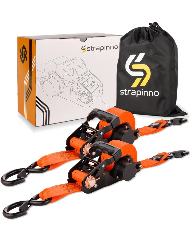 Strapinno 2PCs Retractable Ratchet Tie-Down Straps,5,000 lbs Break Strength- 2 in x 12 ft Heavy Duty Ratchet Strap with Safety Lock S Hooks for Motorcycles, ATVs, UTVs, Lawn Equipment & Cargo-Orange - Image 1