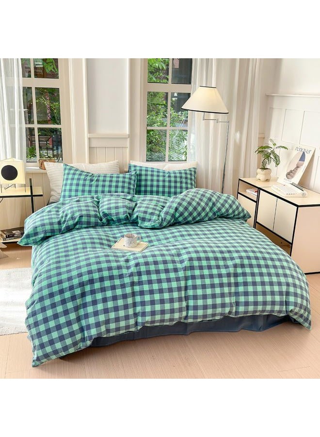 FACE TWO FACE Bedding Duvet Cover Set100% Washed Cotton Duvet Cover Linen Like Textured Breathable Durable Soft Comfy (King, Blue Green Grid) - Image 1