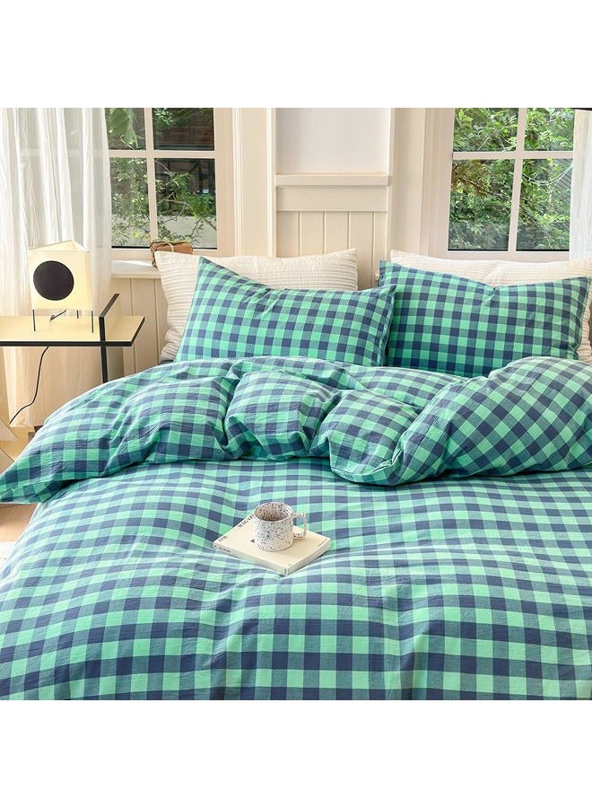 FACE TWO FACE Bedding Duvet Cover Set100% Washed Cotton Duvet Cover Linen Like Textured Breathable Durable Soft Comfy (King, Blue Green Grid) - Image 2