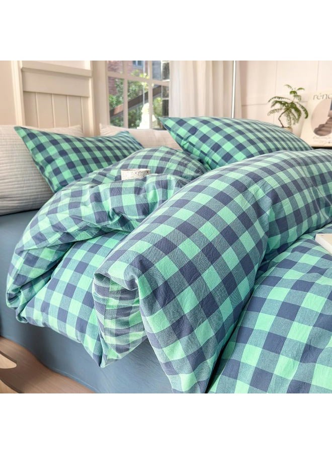 FACE TWO FACE Bedding Duvet Cover Set100% Washed Cotton Duvet Cover Linen Like Textured Breathable Durable Soft Comfy (King, Blue Green Grid) - Image 3