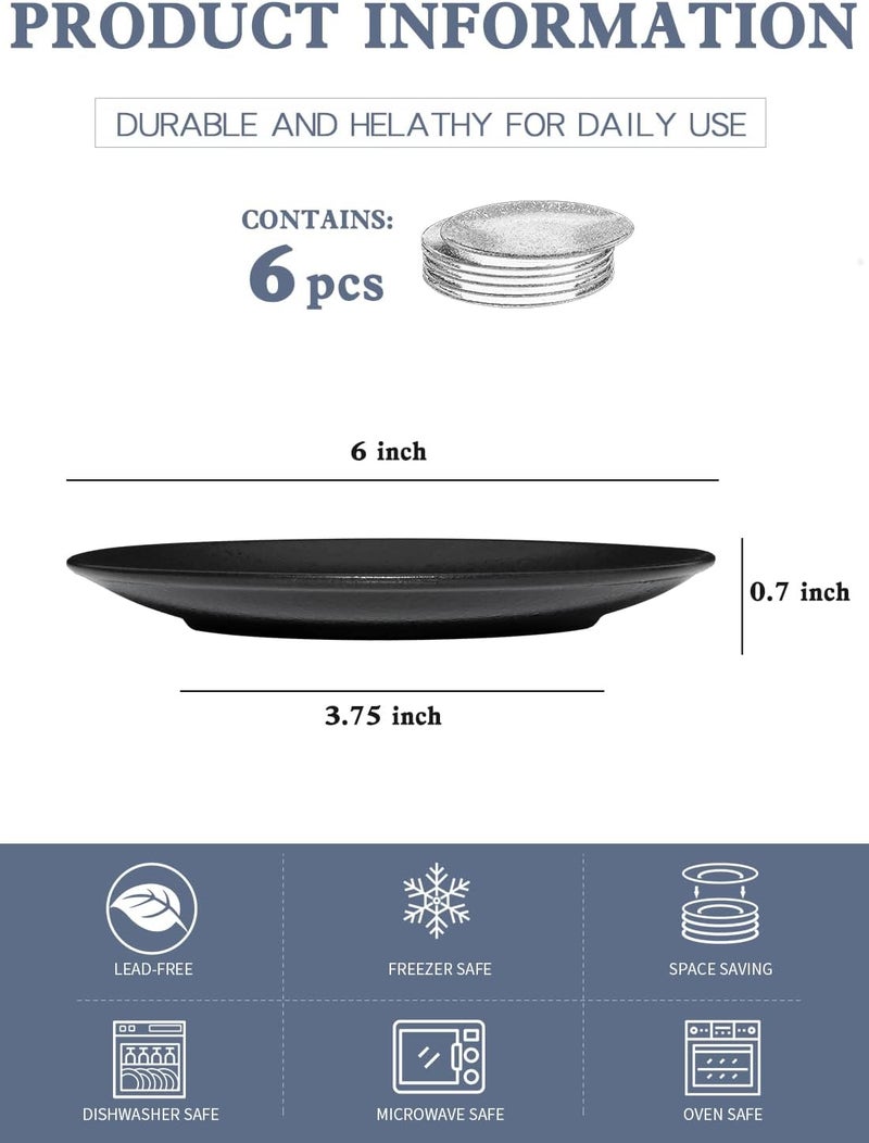 Kanwone Ceramic Dessert Plates Set of 6 Small Salad Plates 6 Inch Appetizer DIshes for Kitchen Mini Dinner Plates for Cake Snacks Side Dish Microwave Oven and Dishwasher Safe Black Glazed - Image 2