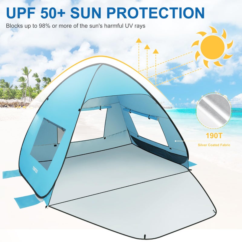 TOBTOS UPF 50+ Easy Pop Up Beach Tent 3-4 Person Sun Shelter Instant Automatic Beach Shade, Portable Sunshade with Extendable Floor (Blue) - Image 4