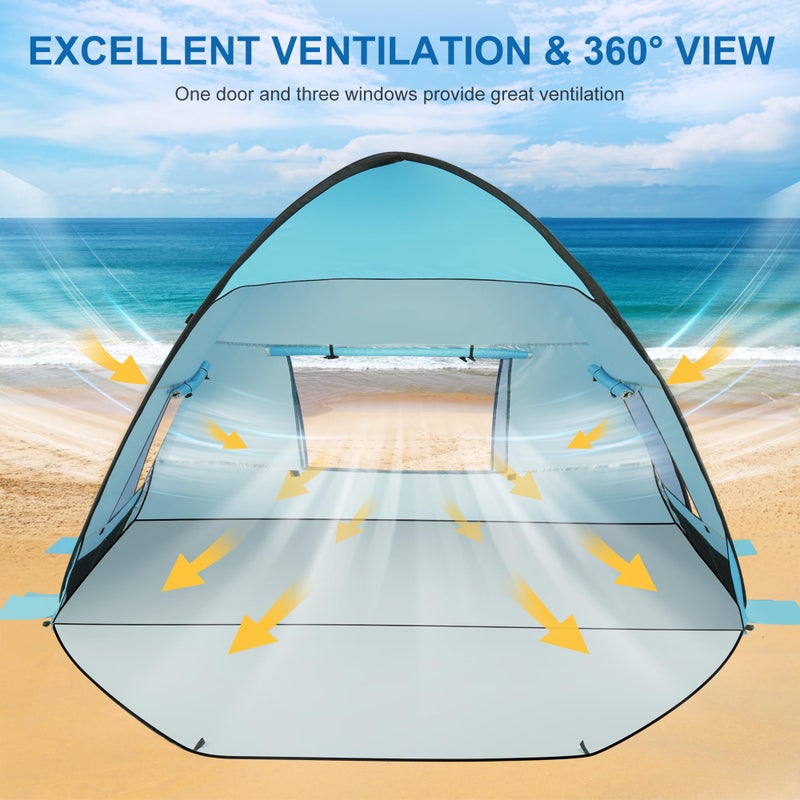 TOBTOS UPF 50+ Easy Pop Up Beach Tent 3-4 Person Sun Shelter Instant Automatic Beach Shade, Portable Sunshade with Extendable Floor (Blue) - Image 3
