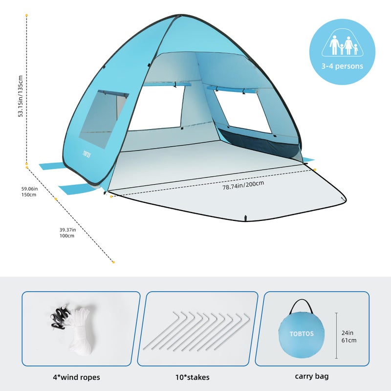 TOBTOS UPF 50+ Easy Pop Up Beach Tent 3-4 Person Sun Shelter Instant Automatic Beach Shade, Portable Sunshade with Extendable Floor (Blue) - Image 2
