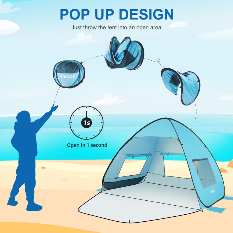 TOBTOS UPF 50+ Easy Pop Up Beach Tent 3-4 Person Sun Shelter Instant Automatic Beach Shade, Portable Sunshade with Extendable Floor (Blue) - Image 5