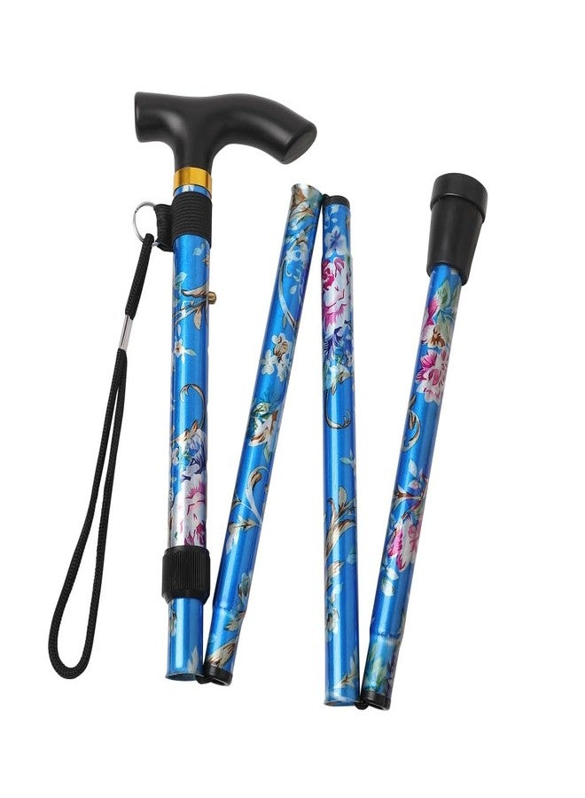 Comfkey Folding Lightweight Walking Stick - Adjustable Aluminum Metal Collapsible Travel Cane with Non-Slip Rubber Base (Blue Floral) - Image 1