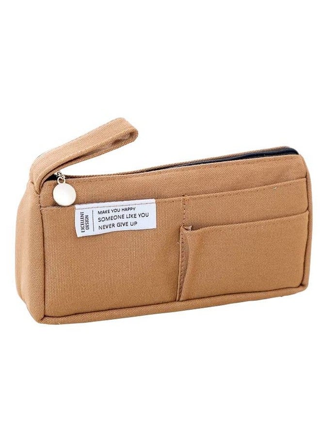 ماياترا حقيبة أقلام ماياترا كبيرة السعة، حقيبة أدوات مكتبية، حقيبة أقلام من قماش الكتان القطني مع مقبض، حقيبة مكياج محمولة، حقيبة أدوات مكتبية لطيفة للطلاب والفتيات والبالغين والمكاتب (بني) - Image 1