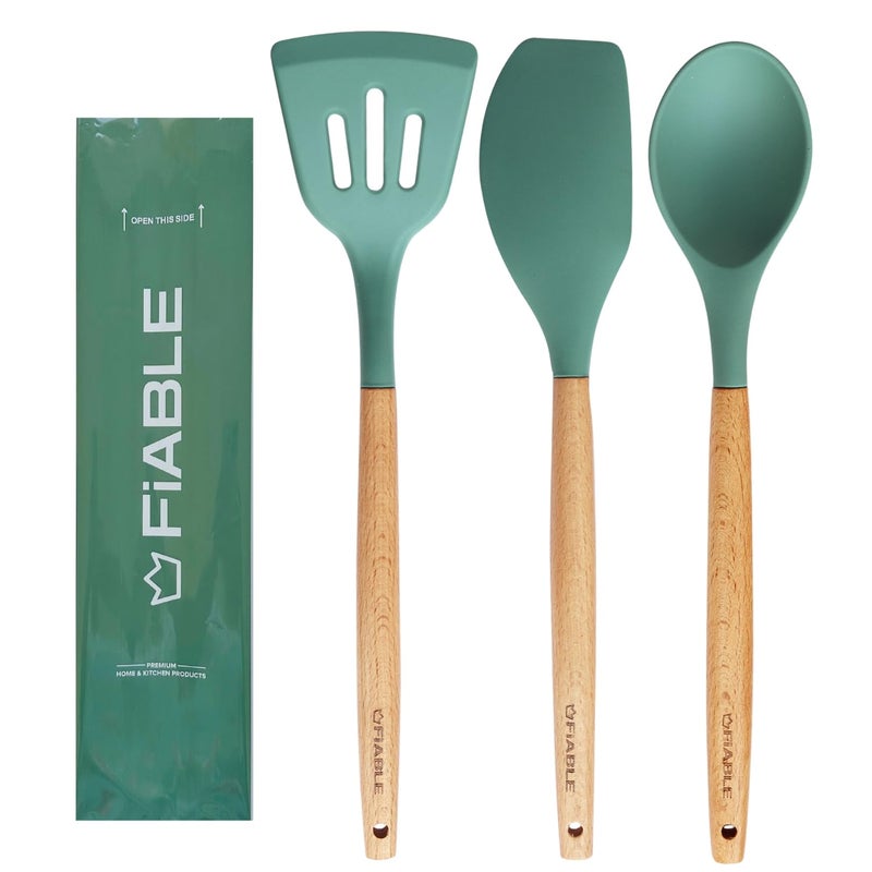 FIABLE FiABLE Premium Silicone Spatula Set of 3 for Non Stick pan Spatula Set for Cooking Heat Resistant FDA Certified Hybrid Combo of 3 Green - Image 1