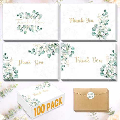 Ladygo 100PK Thank You Cards With Envelopes Bulk: 4x6 Blank Thank You Notes & Stickers Baby Shower Wedding Small Business - Floral Leaves Teacher Appreciation Gift for Graduation Kids Birthday Bridal (100 PACK) - Image 1