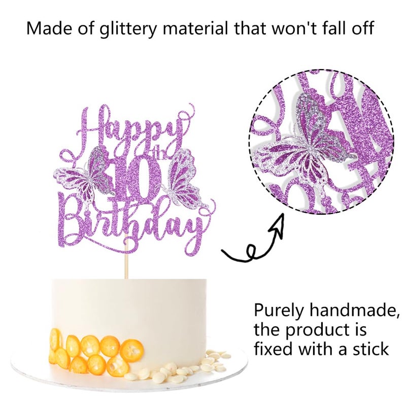 Kaoenla Butterfly Happy 10th Birthday Cake Topper-Glitter 3D Butterfly theme10th/ten Birthday/Anniversary party Cake Decor (10th  Purple) - Image 4