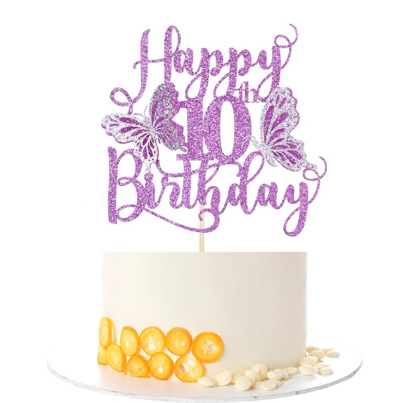 Kaoenla Butterfly Happy 10th Birthday Cake Topper-Glitter 3D Butterfly theme10th/ten Birthday/Anniversary party Cake Decor (10th  Purple) - Image 1