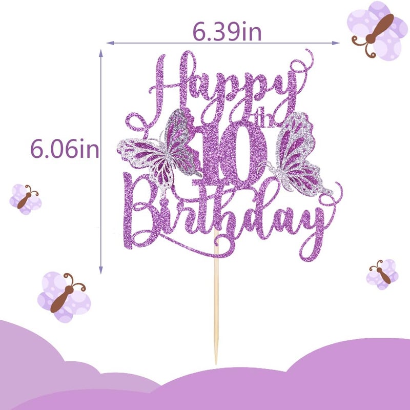 Kaoenla Butterfly Happy 10th Birthday Cake Topper-Glitter 3D Butterfly theme10th/ten Birthday/Anniversary party Cake Decor (10th  Purple) - Image 5