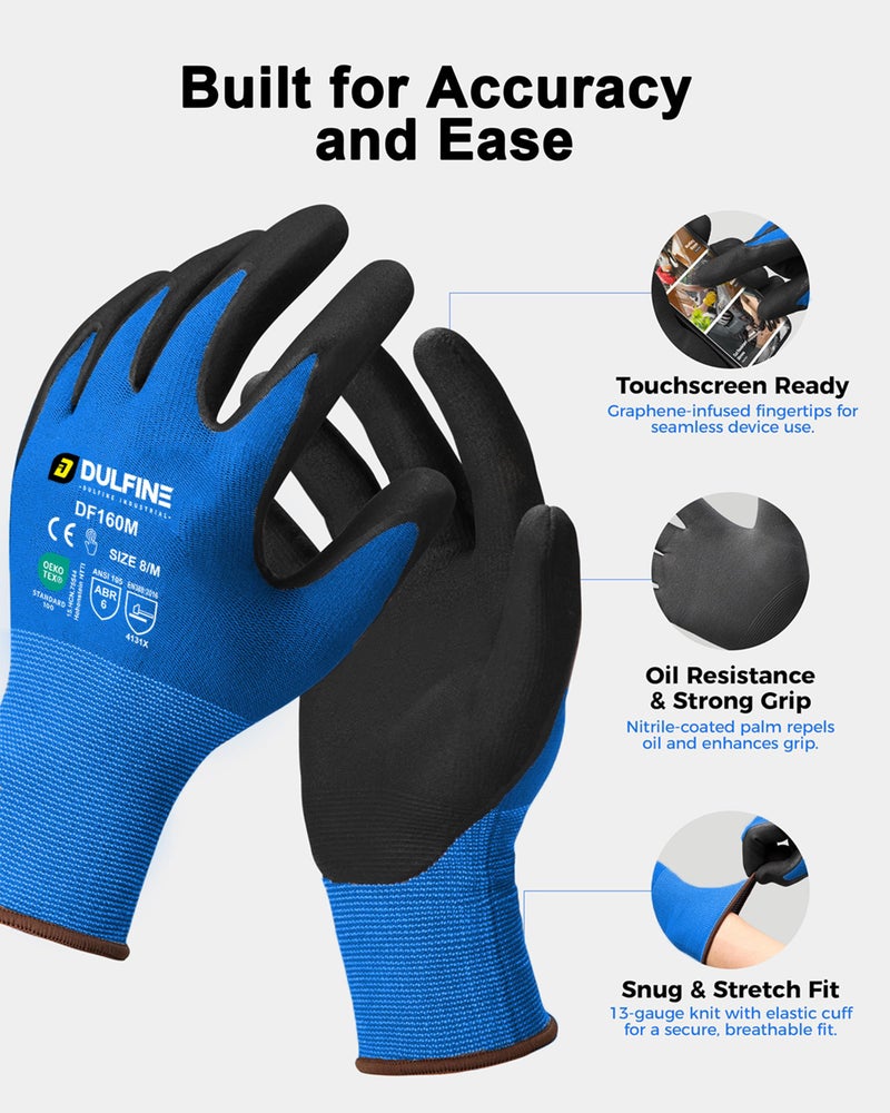 DULFINE Safety Work Gloves MicroFoam Nitrile Coated-12 Pairs Pack,Blue Seamless Knit Nylon Glove with Black Micro-Foam Nitrile Grip,Ideal for General Purpose,Automotive,Home Improvement,Painting(Large) - Image 2