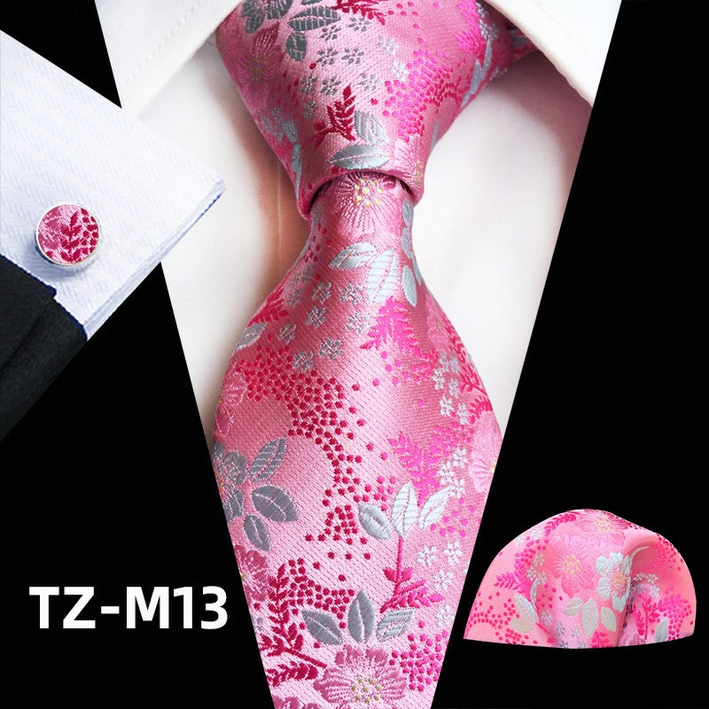 Men'S Pocket Square Small Square French Cufflinks Tie Three-Piece Set Polyester Yarn-Dyed High-Weft Jacquard Fabric - Image 1