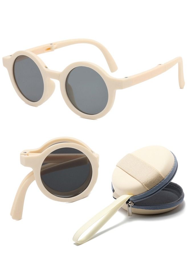 Bee Foldable Sunglasses With Bag For Kids, Round Folding Easy Carry Foldable Shades UV400 Protection Lens, Sun Protection Sunglasses Suitable for Summer Outdoor Beach Travel Camping - Beige - Image 1