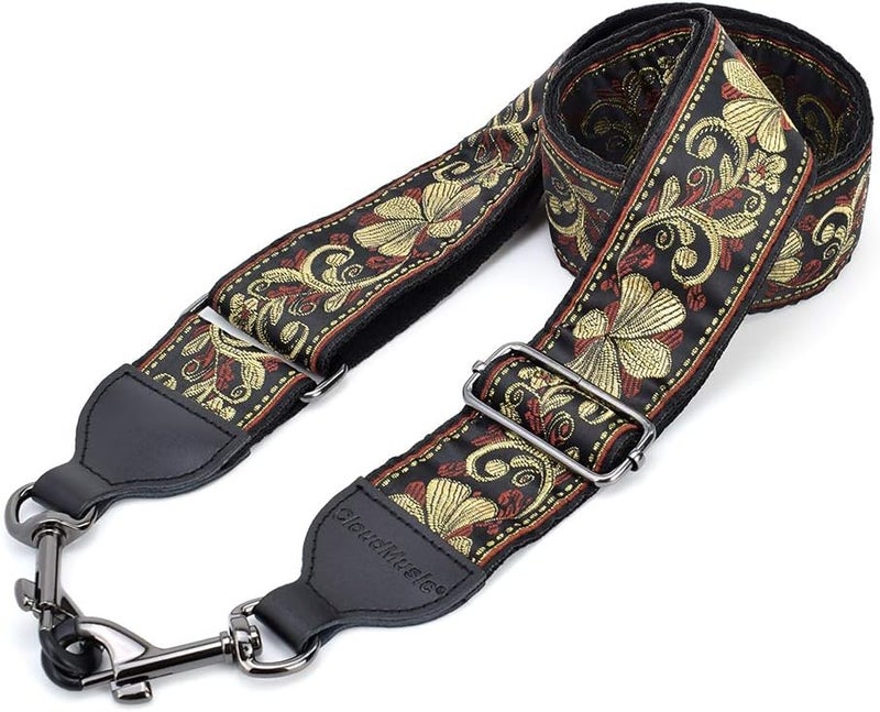 CLOUDMUSIC Banjo Strap Guitar Strap For Handbag Purse Jacquard Metallic Thread Pattern With Leather Ends And Metal Clips(Vintage Glittering Petal) - Image 4