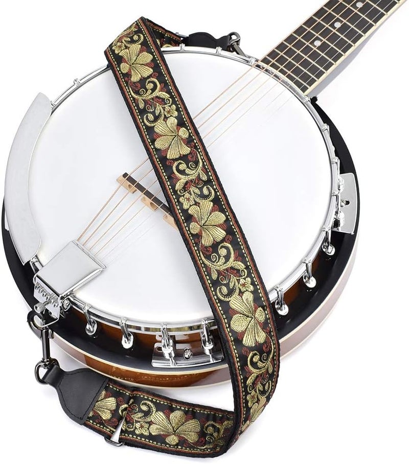 CLOUDMUSIC Banjo Strap Guitar Strap For Handbag Purse Jacquard Metallic Thread Pattern With Leather Ends And Metal Clips(Vintage Glittering Petal) - Image 2