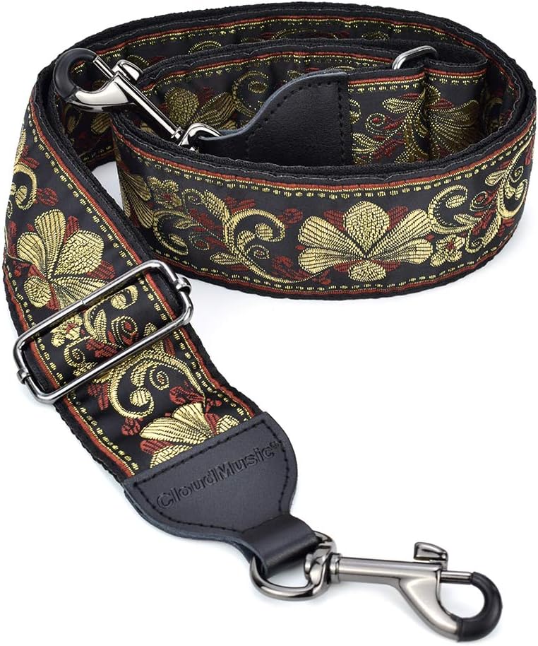 CLOUDMUSIC Banjo Strap Guitar Strap For Handbag Purse Jacquard Metallic Thread Pattern With Leather Ends And Metal Clips(Vintage Glittering Petal) - Image 1