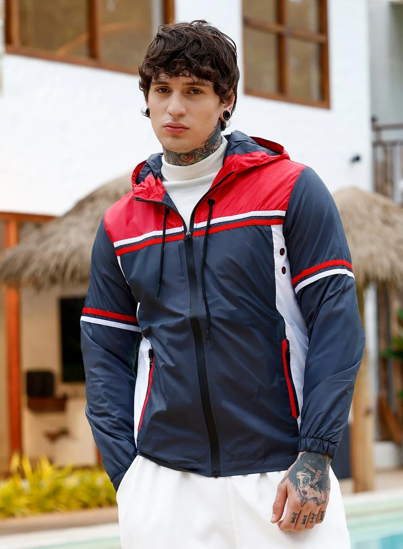 Campus Sutra Men's Zip-Front Racer-Winderbreaker Jacket | Hooded Neck , Long Cuffed Sleeves , Zipper Closure , Straight Hem | Colourblock Woven Plain For Casual & Daily | Navy Blue & Scarlet Red