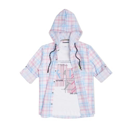 CAVIO Boys Checks Print Hooded Shirt and T-Shirt Pink - Image 1