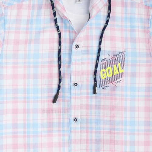 CAVIO Boys Checks Print Hooded Shirt and T-Shirt Pink - Image 4