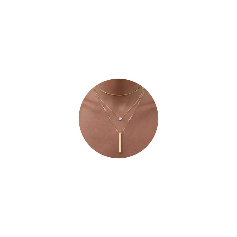 Tewiky Dainty Layered 14k Gold Plated Necklaces for Women, Satellite Cubic Zirconia Bar Multi Layered Accessories Trendy Handmade Chain Necklaces Fashion Gifts - Image 1