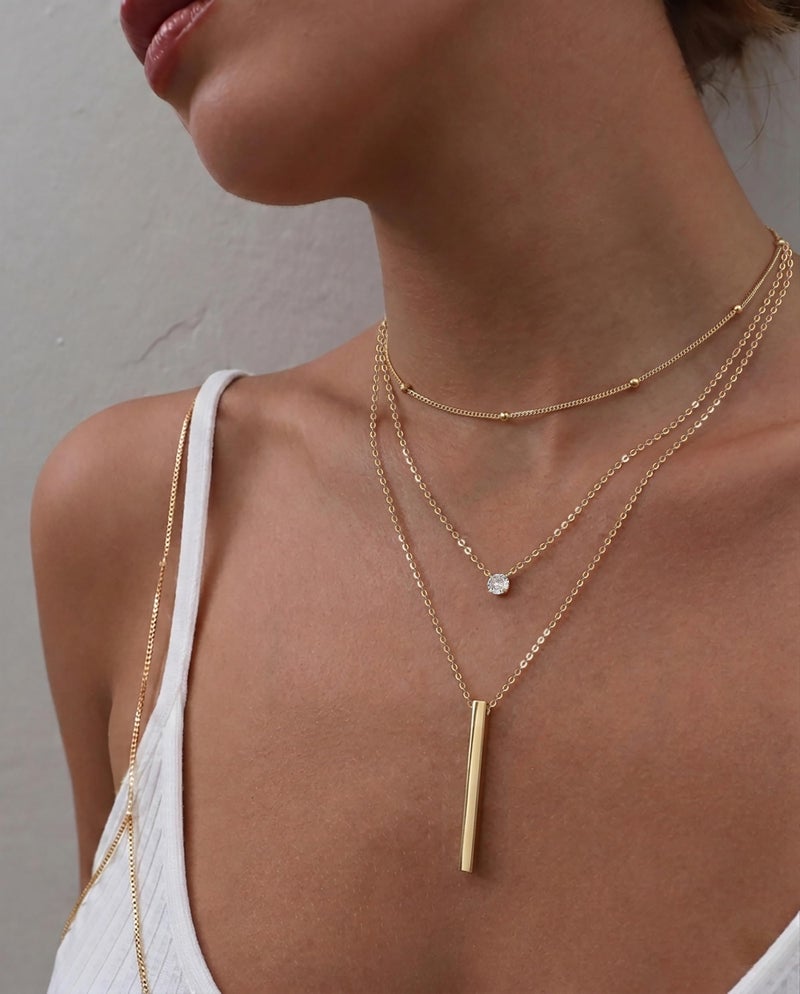 Tewiky Dainty Layered 14k Gold Plated Necklaces for Women, Satellite Cubic Zirconia Bar Multi Layered Accessories Trendy Handmade Chain Necklaces Fashion Gifts - Image 4
